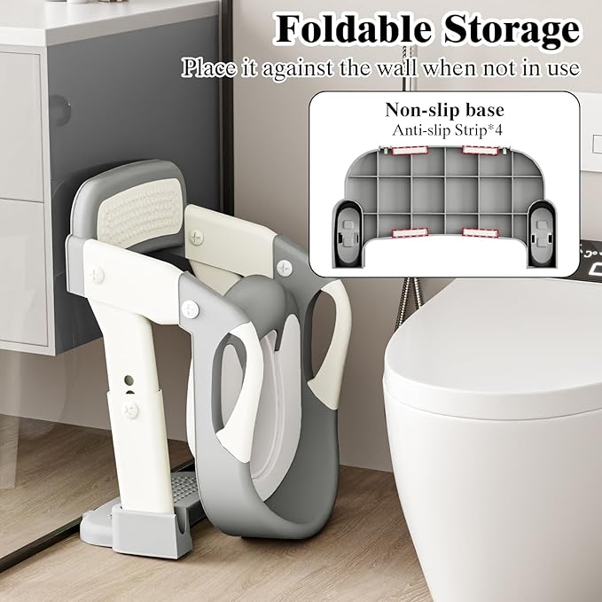 DEEKI 3 in 1 Potty Training Seat with Step Stool Ladder Foldable Anti-slip Toilet Chair Potty Seat for Toddlers Kids Boys Girls(Grey)