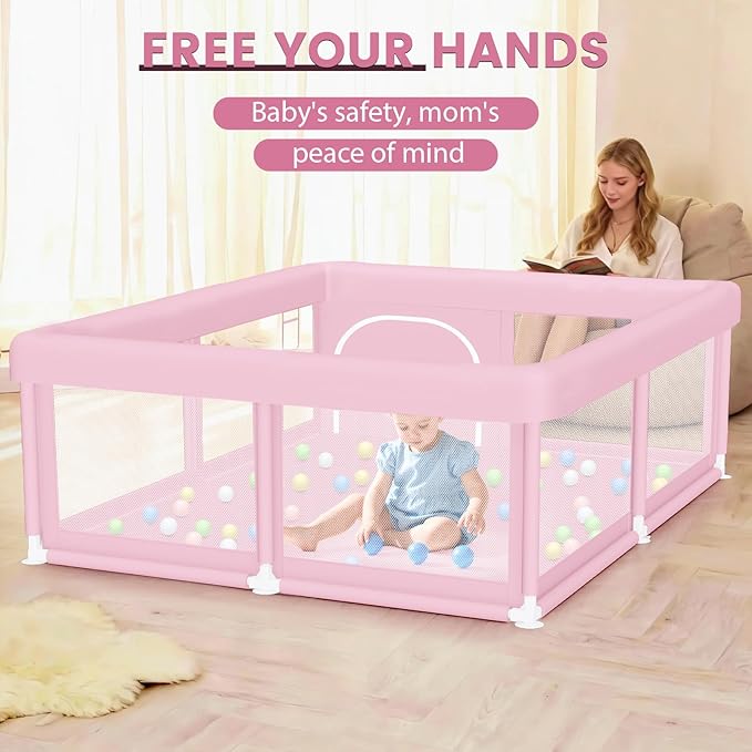 Large Baby Playpen 50"x50" Baby Girl Play Pen for Babies and Toddlers, Safe Structure and Soft, Skin-Friendly Fabric with Zipper Gates Pink