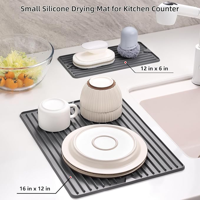 Dish Drying Mat, 16" x 18" Silicone Drying Mat for Kitchen Counter, Large & Thicker Silicone Dish Drying Pad with Raised Edges for Countertop, Multi-Purpose & Heat Resistant