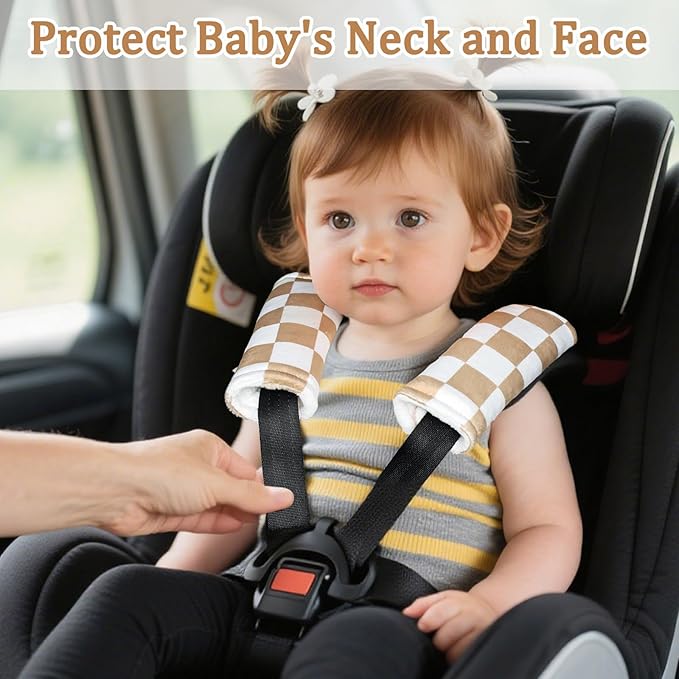 DILIMI Baby Car Seat Belt Covers, 2Pcs Carseat Shoulder Strap Pads, Soft Minky Car Seat Neck Covers, Newborn Car Seat Strap Protectors, Stroller Strap Covers for Baby Kids, Brown Checkered