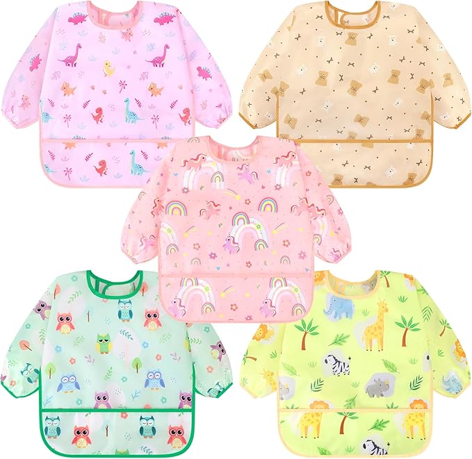 Accmor 5 Pack Long Sleeve Bibs, Baby Smock Waterproof Sleeved Bib Smock for Baby Toddler 6-36 Months