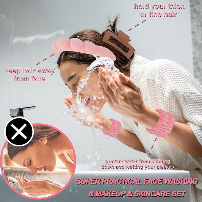 Canitor Spa Headband Wrist Bands Set with Hair Clips Skincare for Washing Face Skin Care Puffy Makeup Headband Preppy Teen Girl Gifts Cute Trendy Stuff Hair Accessories for Women