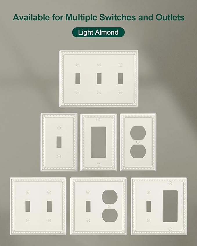 6-Pack Decorator Outlet Cover Plate, Decorative Switch Plates and Outlet Covers, Light Almond Metal Wall Plates for Electrical Outlets, Receptacle, GFCI Outlet, Dimmer Switch