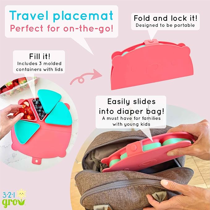 Silicone On-The-Go Snack Mat – Foldable Reusable Placemat with 3 Compartments and Lids – Travel-Friendly Baby and Toddler Snack Plate – Dishwasher Safe (Cotton Candy)