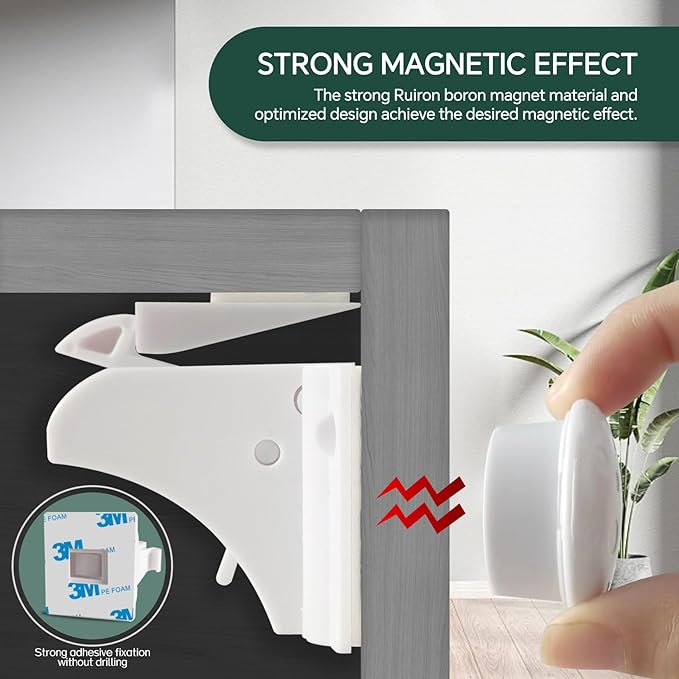 Premium Child Safety Locks – Adjustable, No-Drill & Easy-Install Home Safety Kit – Magnetic Cabinet & Drawer Locks (10-Pack) with 2 Keys (Magnetic Safety Locks)