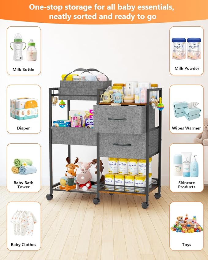 Baby Storage Cart with Drawers, Baby Diaper Caddy Organizer with Removable Dividers, Baby Closet Organizer, 2In1 Rolling Cart for Nursery Essentials & Baby stuff