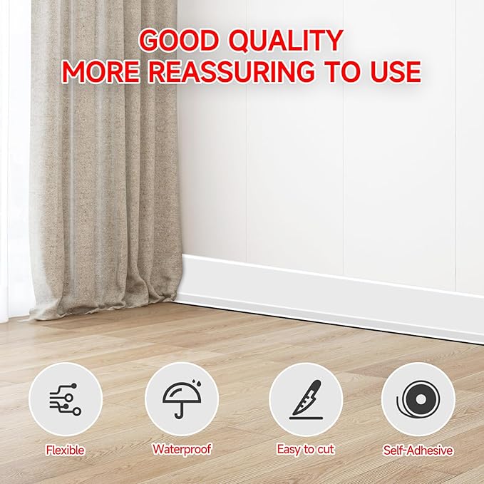Flexible Baseboard Molding Trim 3 Inch(W) x 20 Feet(L) Self Adhesive Vinyl Wall Base Peel and Stick Cove Base,Rubber Wall Base. (White)