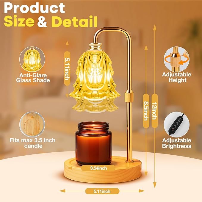 Candle Warmer Lamp with Timer and Dimmer, Electric Wax Warmers for Scented Candles with 5 Brightness Settings, Anti-Glare Lamp with Adjustable Height, Home Decor, Gift for Christmas, Birthday