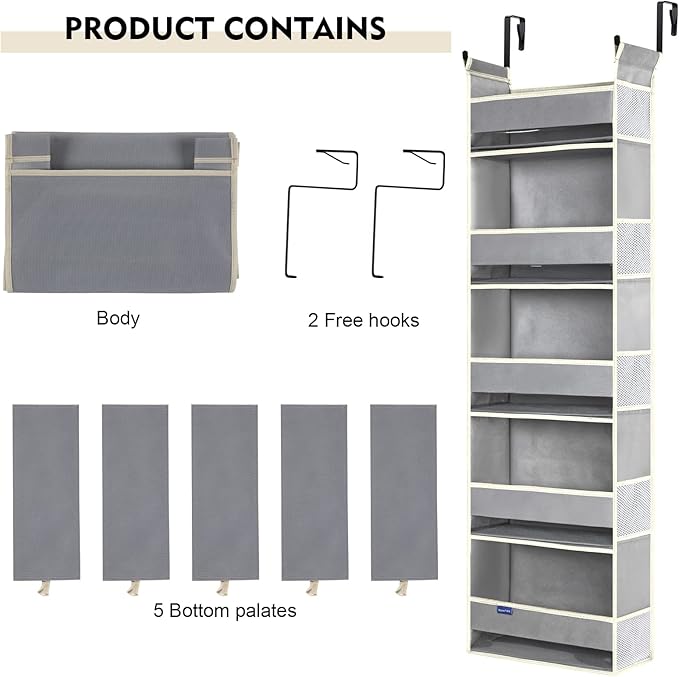 roomtalk Over The Door Organizer 5-Shelves and 10 Side Pockets, Over The Door Storage for Bathroom Bedroom Nursery, Hanging Door Organizer for Baby Diapers and Kids Toys (13"x5"x44", Grey)