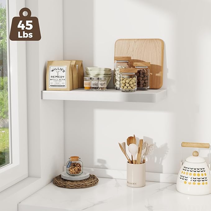 Fun Memories 24 x 12 Inch Deep Floating Shelves, 12 Inch Deep Rustic Wooden Book Shelf, Extra Deeper & Thicker Hanging Shelves for Living Room, Bathroom, Bedroom, Kitchen, Office, Set of 3 (White)