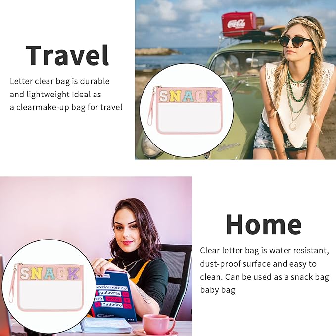 Iqimott Snack Bag Monogram Clear Letter Flat Pouch, Chenille Glitter Letter Patch Makeup Cosmetic Bag Zipper Toiletry Pouch, Portable Travel Beach Wristlet Bags for Women Girls(Snack, Pink)