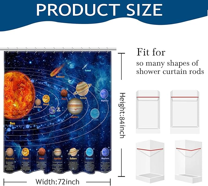 Mocsicka Galactic Outer Space Shower Curtain 72 x 84 Inch Boys Nebula Universe Planet Bath Curtain Science Theme Waterproof Bathroom Accessories Decor with 12 Hooks