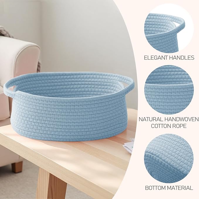 JMvicyroam Woven Basket,Small Rope Storage Bin with Handles & Ribbon Bag, Organizer for Shelves Closets,Gift Basket Empty for Birthday,Books,Dog Toys, Blue/2 Pack