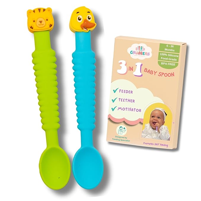Little Grubbers 3-in-1 Silicone Baby Spoon Self Feeding 6+ Months - Pediatric OT Designed Teether Spoon, BPA Free Toddler Utensils, Mess-Free, Fun for Baby Led Weaning Supplies, Duck & Tiger