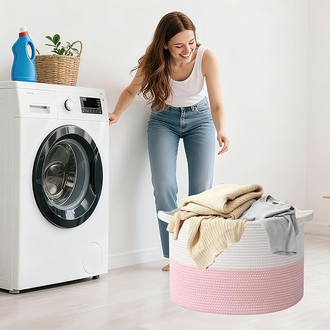 Large Storage Basket with Handle,23.6" x 23.6" x 15.7" Blanket Basket Storage Bins for Organizing,115L Cotton Rope Woven Baskets for Living Room, Nursery,Bedroom,White&Pink