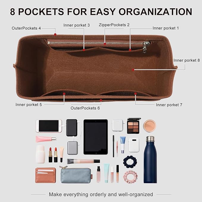 Premium Felt Purse Organizer Insert Compatible with Long Champ Le Pliage L Backpack, Lightwieight Bag Divider Shaper with 8 Pockets & YKK Zipper, Brown/LB