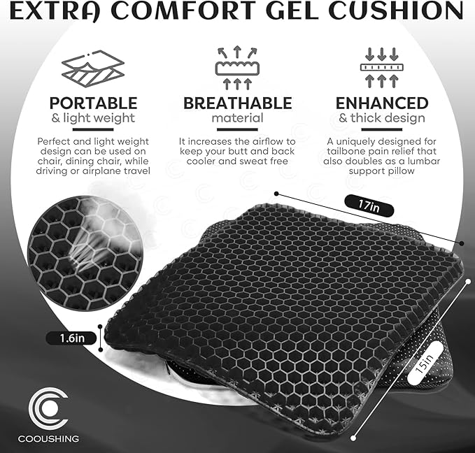 Cooushing Gel Seat Cushion, for Long Sitting -Double Thick Gel Seat Cushion Breathable Honeycomb Chair Cushion with Non-Slip Cover for Office Chair Car, Wheelchair, Long Trips,Relief Sciatica Pain