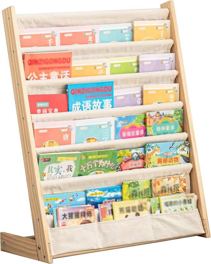 CYMFBSFBU 7 Tier Wooden Kids Bookshelf Book Holder Natural Wood Book Rack Storage Bookshelf for Kids Room Study Room Play Room Toy Storage Organizer (W: 24.6")