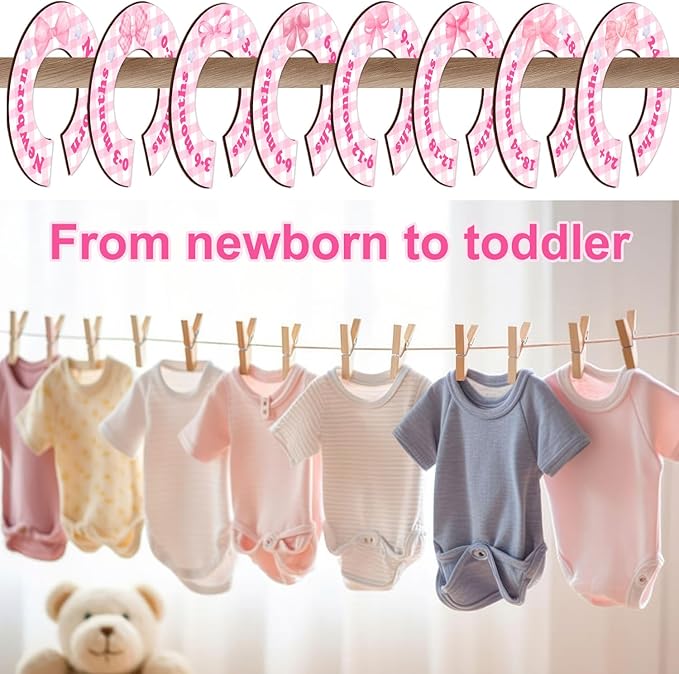 8Pcs Baby Closet Dividers, Pink bow Baby Clothes Dividers for Closet, Newborn Baby Stuff for Baby Girls, Wooden Double-Sided Baby Hanger Organizer from Newborn to Toddler