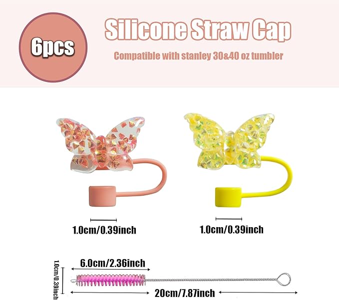 6Pcs 10mm Sparkling Butterfly Straw Cover for Stanley Cup,Dust-Proof Straw Topper for 30&40 oz Tumblers and Water Bottles,Reusable Tumbler Cup Accessories for Stanley，Funny Gifts for Women & Girls