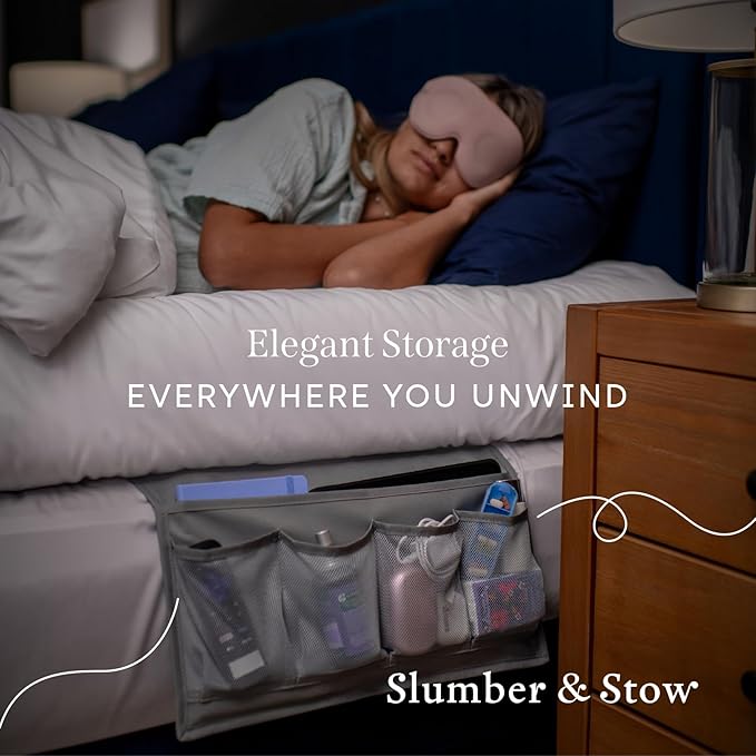 Slumber & Stow Hanging Bedside Caddy - 5 Pocket Bed Caddy Organizer for Tablets, Magazines, Phone, Glasses, Remotes & More - Ideal Storage For Dorm, Bedroom & Living Areas - 10"x17.3"
