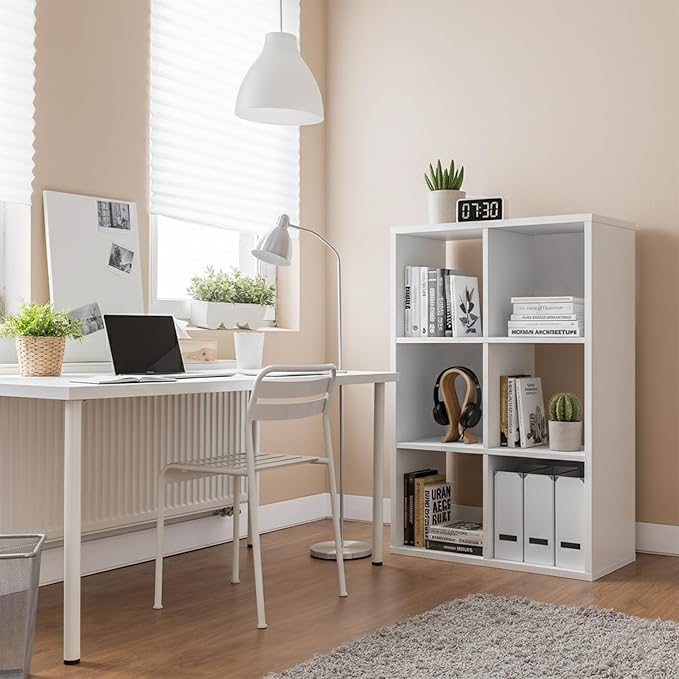6-Cube Storage Organizer, White Bookshelf with Open Compartments for Home Office, Modern Bookcase Display Shelf for Living Room, Bedroom & Entryway