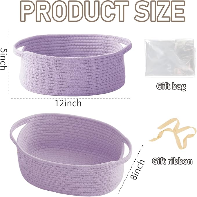 JMvicyroam Woven Basket,Small Rope Storage Bin with Handles & Ribbon Bag, Organizer for Shelves Closets,Gift Basket Empty for Birthday,Books,Dog Toys, Purple/2 Pack