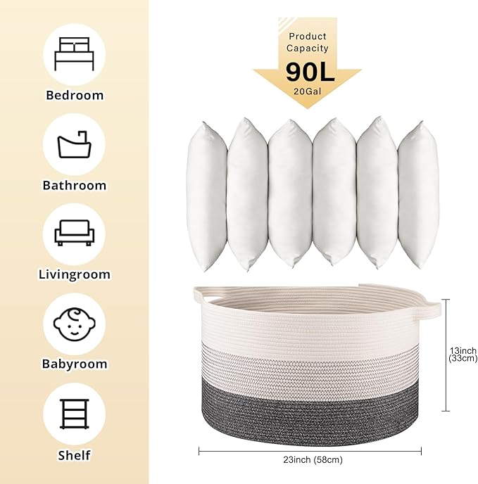 OIAHOMY 90L Blanket Basket for Living Room, Large Basket 23" x 23" x 13" with Handle, Laundry Hamper for Blankets, Pillows, Toy Storage for Kids, Dogs - Black and White