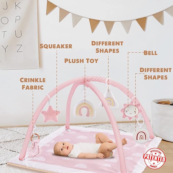 Washable Tummy Time Mat, Baby Play Gym with 6 Featured Toys, Baby Gym for Infant & Toddler, Larger Baby Play Mat, Deluxe Baby Play Mats for Floor, Sensory and Motor Skill Development, Non Slip, Pink