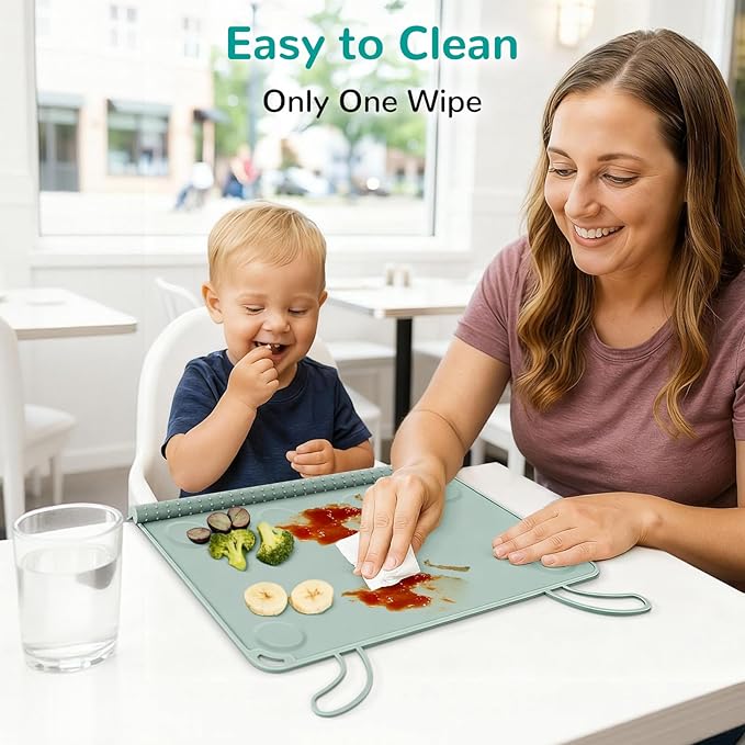 DZDOV Silicone Placemat for Toddler Eating: Wipe Clean & Roll Up in The Diaper Bag - Table Mat for Restaurant/Travel/On-The-Go