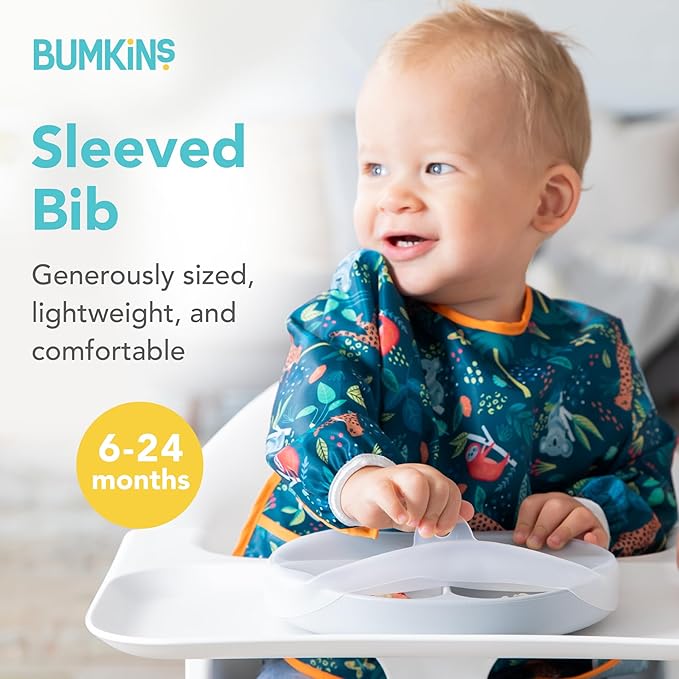 Bumkins Sleeved Bib for Baby & Toddler 6-24M + Splat Mat for Under High Chair, Babies Eating Mess Mat, Waterproof Reusable Cloth 42inx42in Gray Chevron