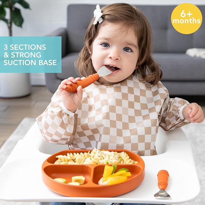Bumkins Toddler and Baby Suction Plate, Divided Grip Dish for Babies and Kids, Baby Led Weaning, Feeding Supplies, Sticks to Tables and Highchairs, Platinum Silicone, for Children 6 Months, Clay