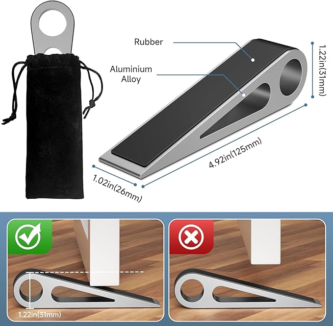 Heavy Duty Door Stopper for Bottom of Door, Aluminum & Rubber Door Stop Wedge- Keep Doors Open in Home, Apartment, Office, Hotel, 4.92L*1.02W*1.22H Inch, Silver