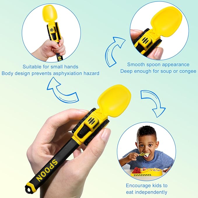 Deinyi Construction Toddler Utensils - Reusable Plastic Toddler Fork and Spoon & Storage Case - Suitable for Kids Utensils - Christmas Gifts and Birthday Gifts for 1 2 3 4 5 6 7 year old, Yellow