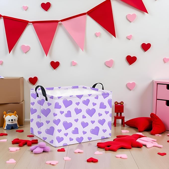 TIBAOLOVER Rectangular Valentines Basket for Women Girls Storage Bin Organizer Box Shelf Room Decor(Purple Heart)