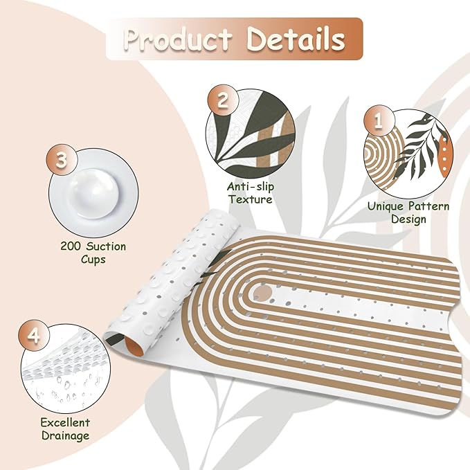 Non Slip Bathtub Mat, Bohemia Bath Mat for Tub, Extra Long Bathtub Mat Shower Mat with Suction Cups and Drain Holes for Elderly Kids Toddler Baby 40 X 16 Inch