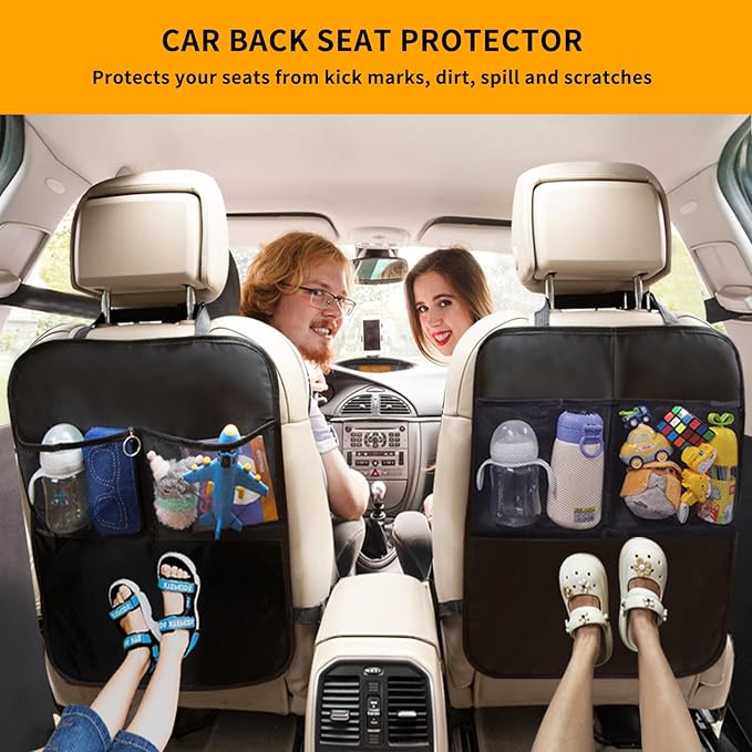 Zecirl 2 Pack Kick Mat Backseat Protector,Back Seat Cover for Kids,Car Seat Back Protectors with 2 Pocket Storage Organizer for Car, SUV, Minivan or Truck Seats (Black)