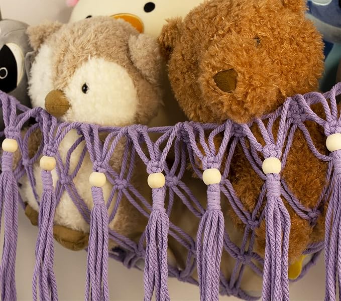 Stuffed Animal Hammock Corner with LED Light - Toy Storage Hammock Plushie Net Organizer - Teddy Bear Stuffy Hammock - Purple Nursery Decor Baby Kids Bedroom Nursery Furniture