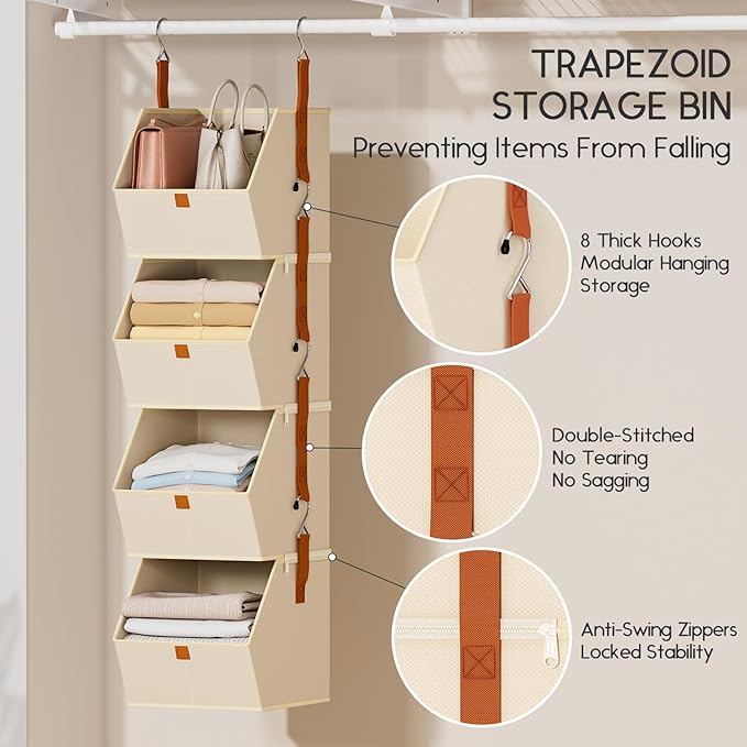 Homsorout Hanging Closet Organizer 4 Tier - Clothes Hanging Shelves, Space-Saving Closet System, Fabric Storage Bins Bedroom Organization, Collapsible Baskets for Home, Dorm, Rv, Beige