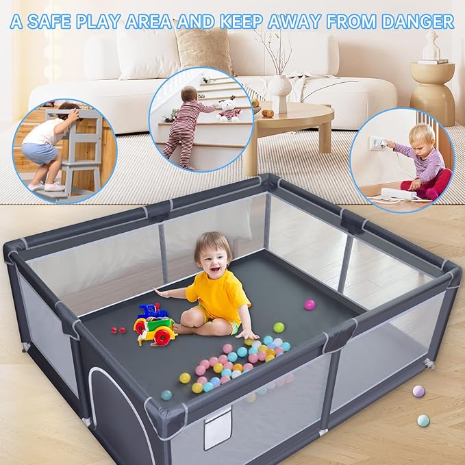 Baby Playpen, 50 x 50 inch Baby Playard, Playpen for Babies and Toddlers, Play Pen for Indoor & Outdoor, with Soft Breathable Mesh,No Gaps Playpens for Babies, Grey