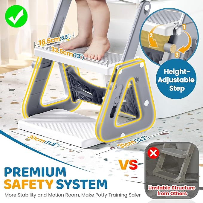 Orzbow Frog Potty Training Seat, Toddler Toilet Seat with Step Stool Ladder, 2-in-1 Potty Training Toilet Essentials for Boys Girls, Adjustable Height, Non-Slip Step and Splash Guard Design, Grey