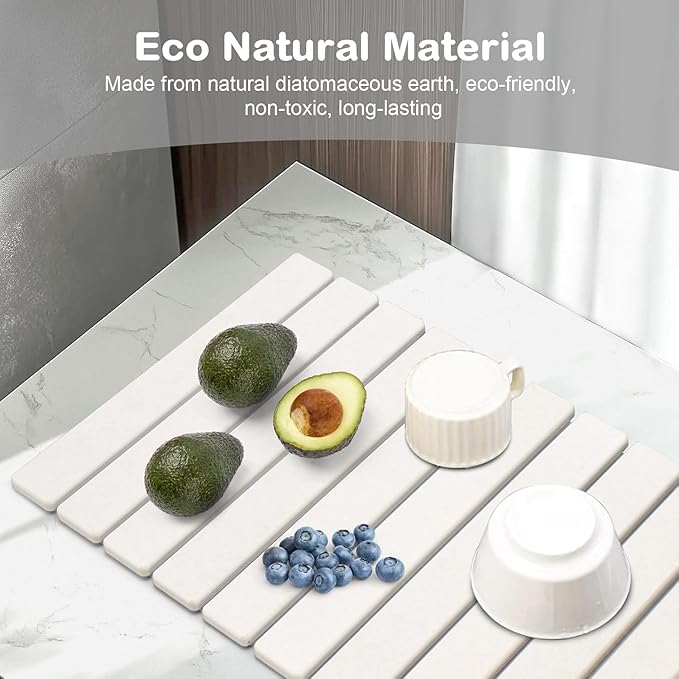 Large Stone Dish Drying Mats for Kitchen Counter, 24"(L)×16"(W) White, Drying Collapsible Dish Drying Mat, Eco-Friendly Absorbent Diatomaceous Earth Mats for Dishes Bottles Cups