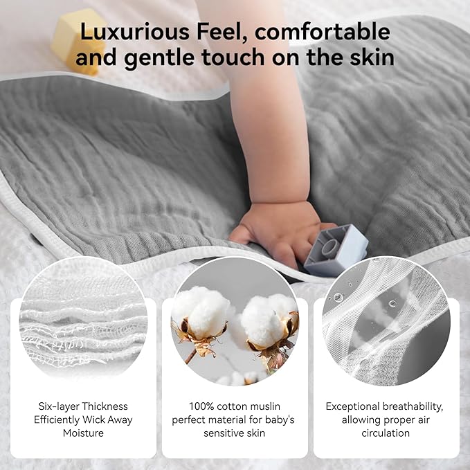 Synrroe Burp Cloths Large, Muslin Burp Cloths for Baby Girls and Boys, Pack of 4 Extra Absorbent and Soft Muslin, 6 Layers 20 by 10 Inches 100% Cotton (Grey-White 4 Pack)