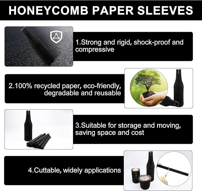 Black Wine Bottle Protector Sleeves by Honeycomb Paper,36 Set Reusable Glass Liquor Bottle Sleeves for Airplane Travel,Transport,Camping-Proof Hardened Safety and Impact Resist
