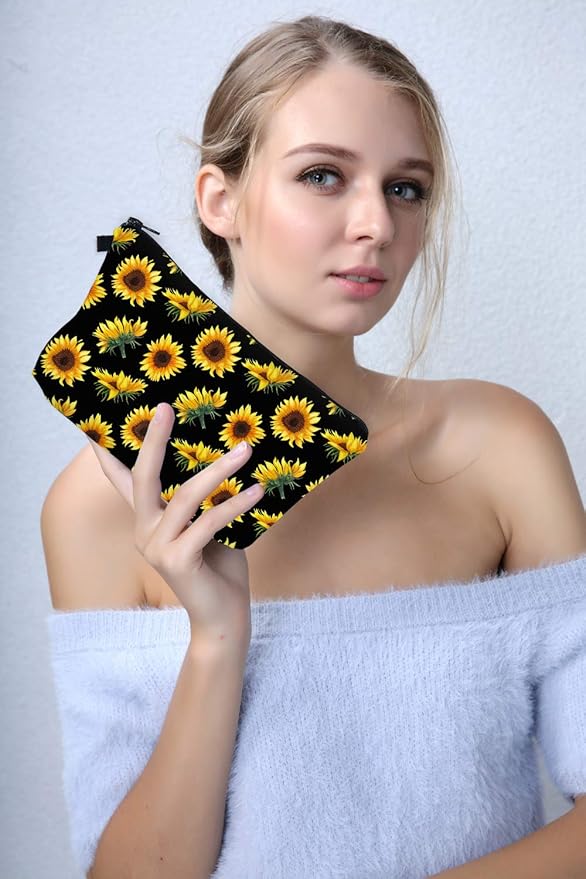 Deanfun Makeup Case Small, Cosmetic Zipper Bag Waterproof for Purse Mini, Women Cute Traveling Accessories Pouch for Ladies Thanksgiving Christmas Gifts(Sunflower D2-52355)