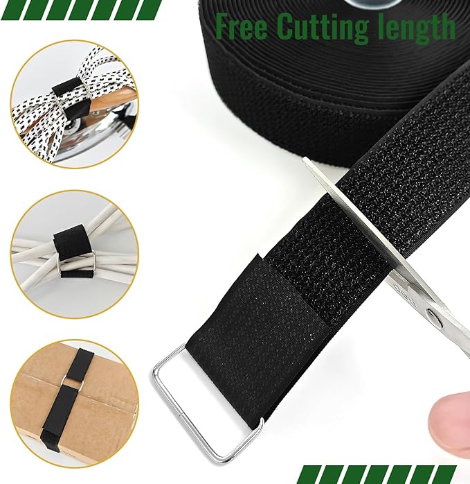 1.5 Inch x 32 Ft Cable Tie with Hooks, 30 Metal Buckles, Adjustable Reusable Securing Cord Ties, Freely Cut-to-Length Cinch Strap, Suitable for Organization and Storage