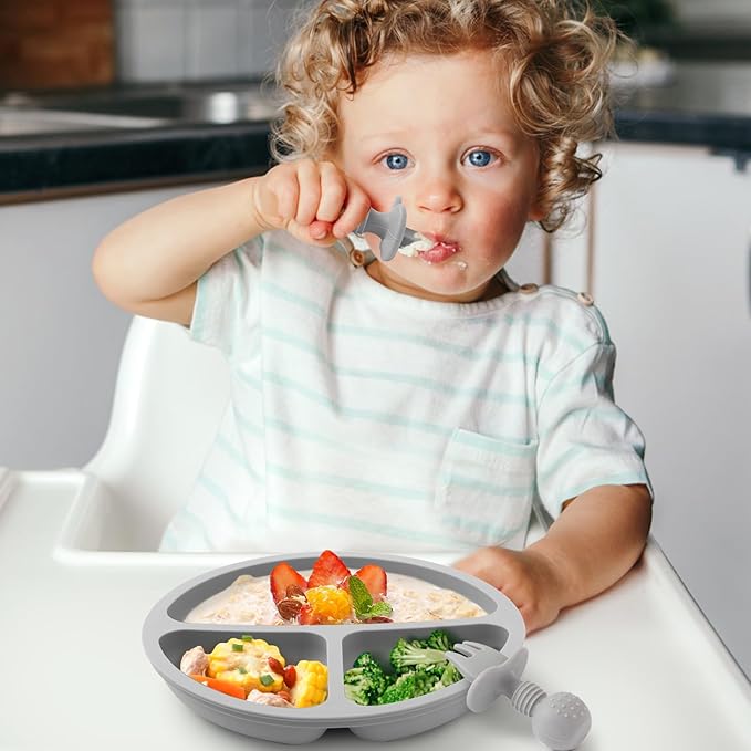 Eascrozn Silicone Baby Feeding Set, 2 Pack Divided Baby Plates with Suction, 2 Pack Spoons and Forks Set, BPA Free, Baby Led Weaning Supplies for Toddler Utensils Baby Feeding Essentials