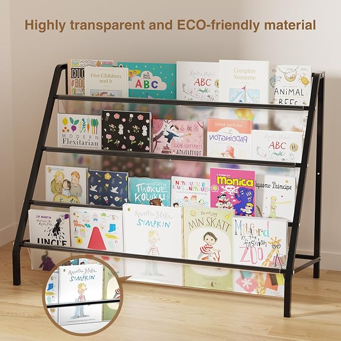 High-Transparent 4 Tier Kids Bookshelf, Sturdy Metal Large Size Book Rack Storage for Kids (Black)