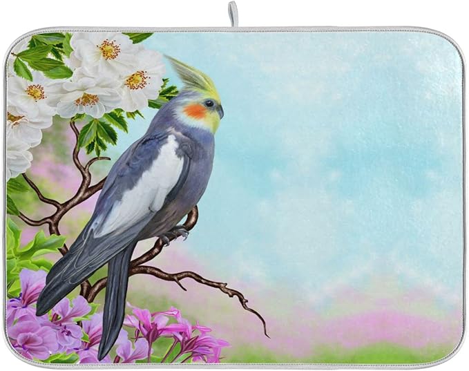 Absorbent Dish Drying Mat for Kitchen Counter - Parrot Peach Blossom Flowers Microfiber Drying Pad, Reversible Drainer Mats for Countertop, Large 18" x 24"