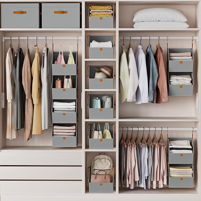 Homsorout Hanging Closet Organizer 4 Tier - Clothes Hanging Shelves, Space-Saving Closet System, Fabric Storage Bins Bedroom Organization, Collapsible Baskets for Home, Dorm, Rv, Grey, 2 Pack